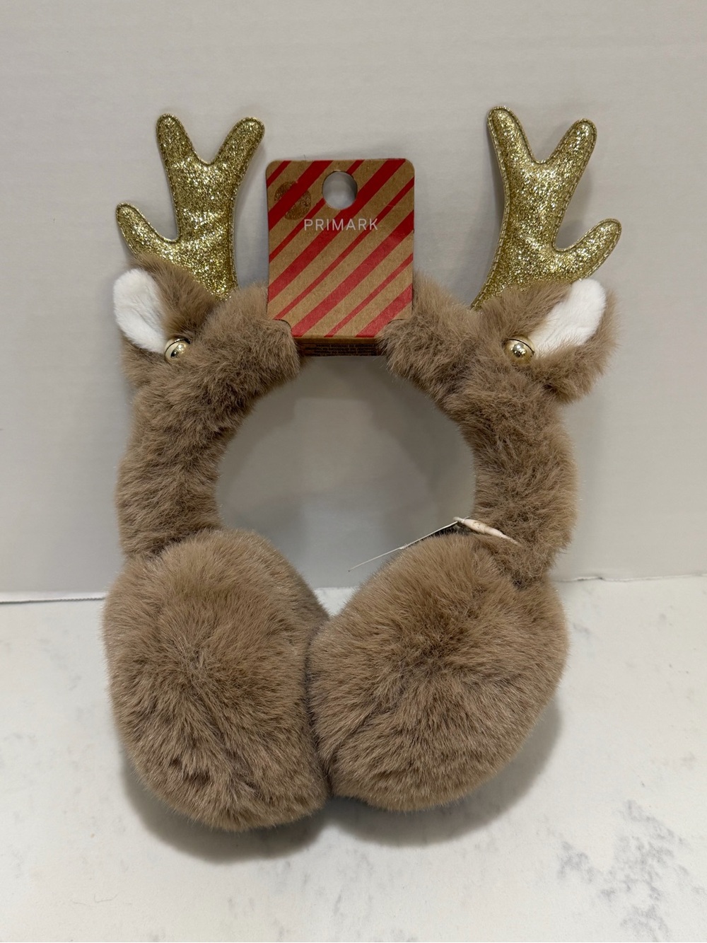 Primark Kids Brown Faux Fur Earmuffs with Gold Glitter Antlers